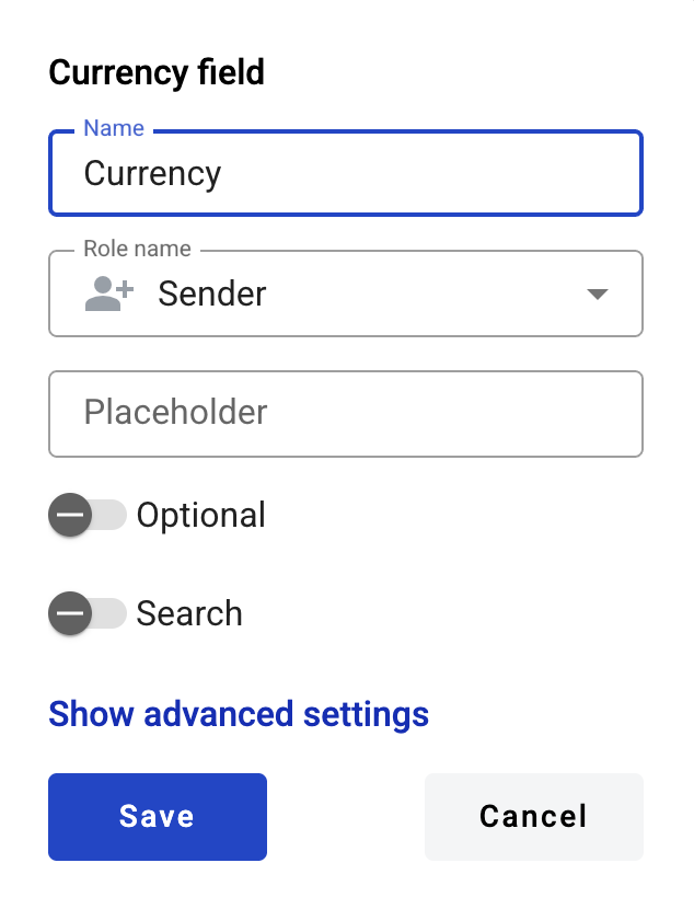 Currency field creation form