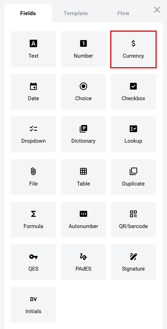 Currency field in the Fields panel