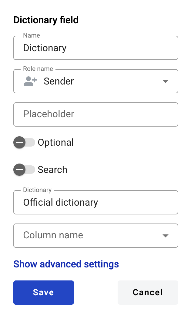 Dictionary field creation form