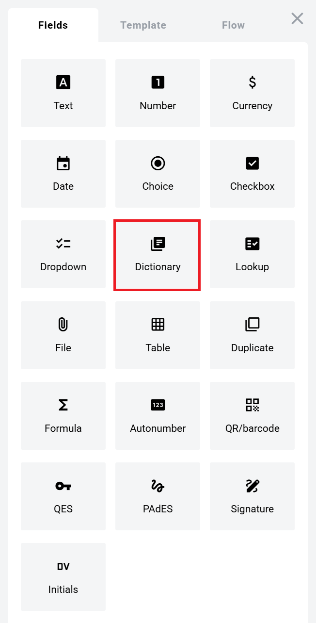 Dictionary field in the Fields panel