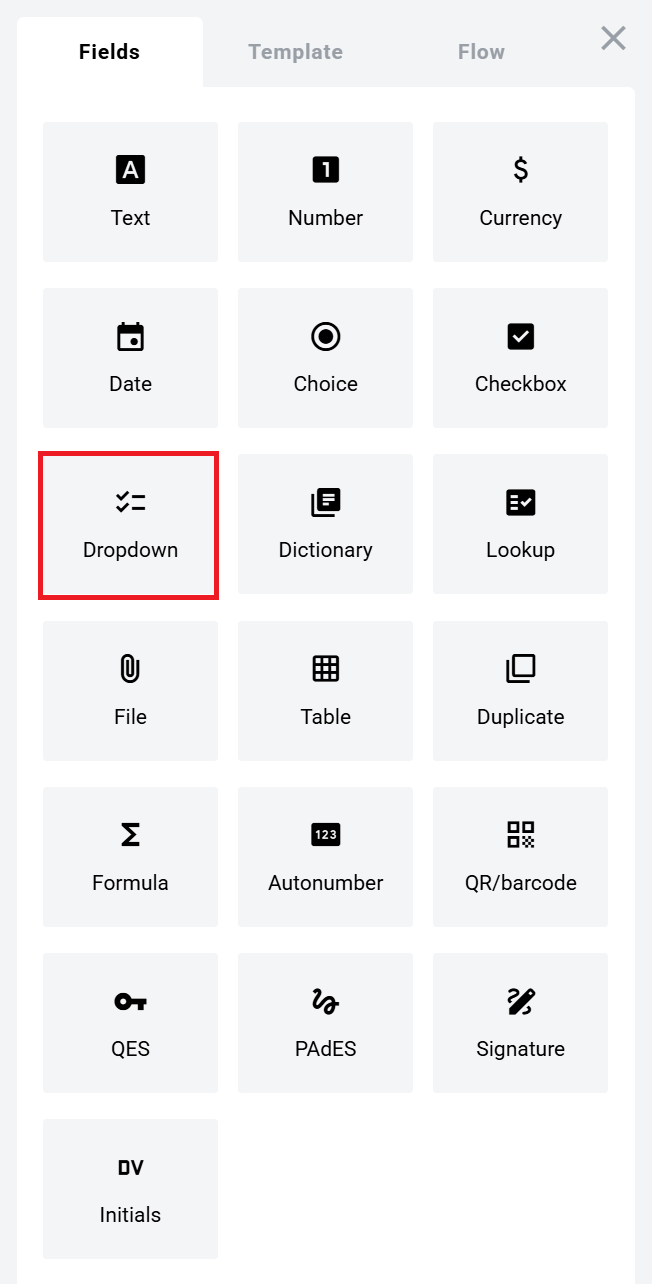 Dropdown field in the Fields panel