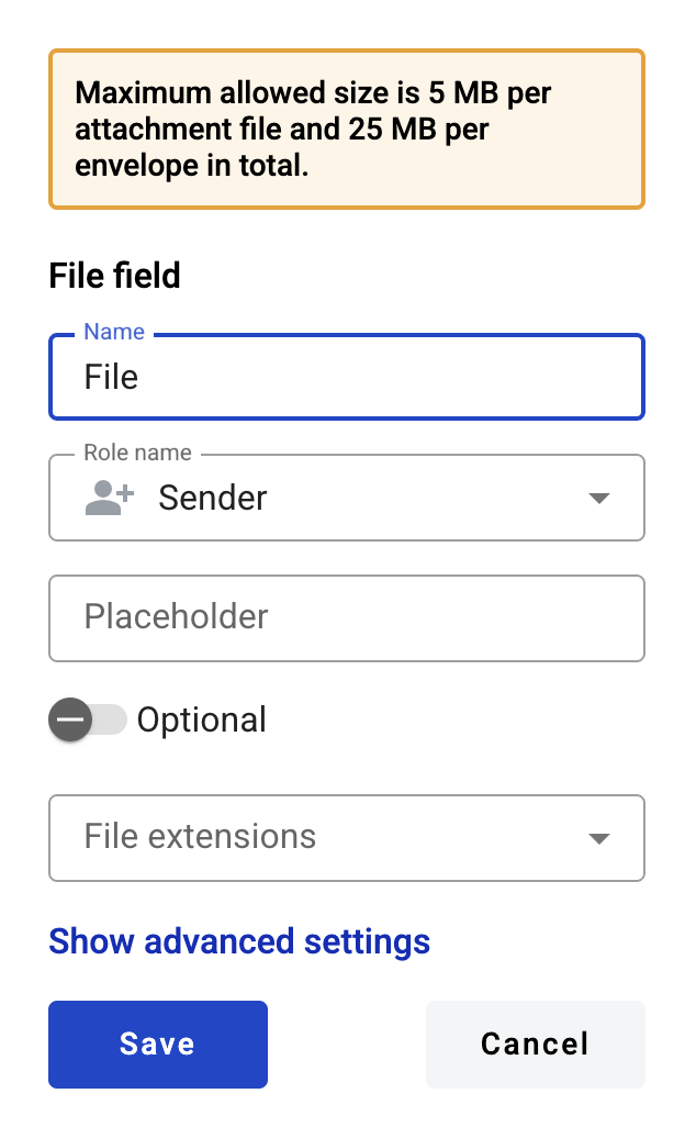 File field creation form