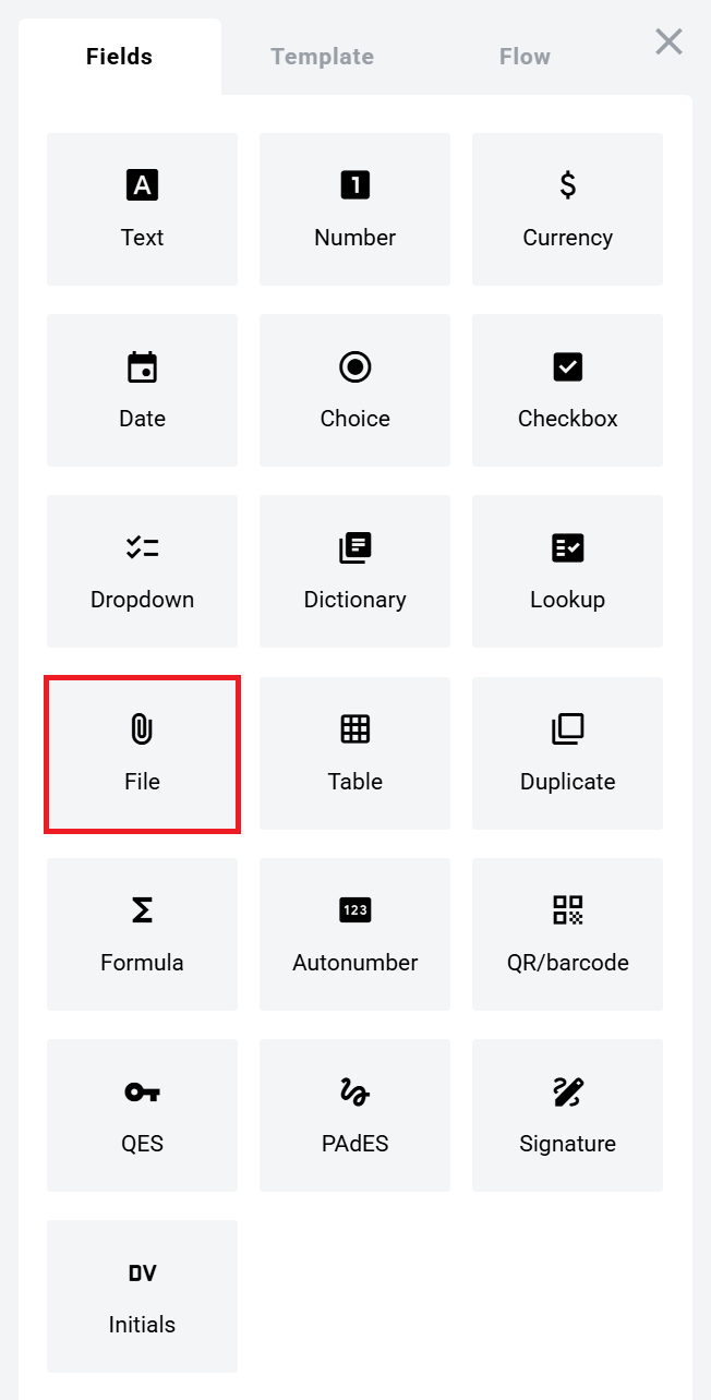 File field in the Fields panel