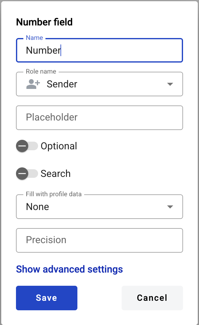 Number field creation form