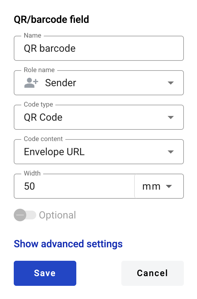 QR/barcode field creation form