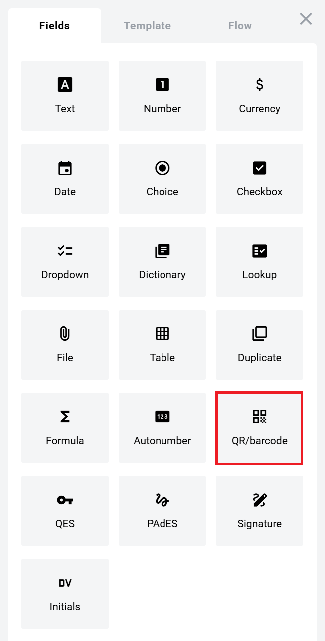 QR/barcode field in the Fields panel