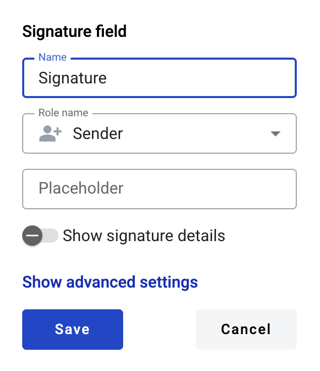 Signature field creation form