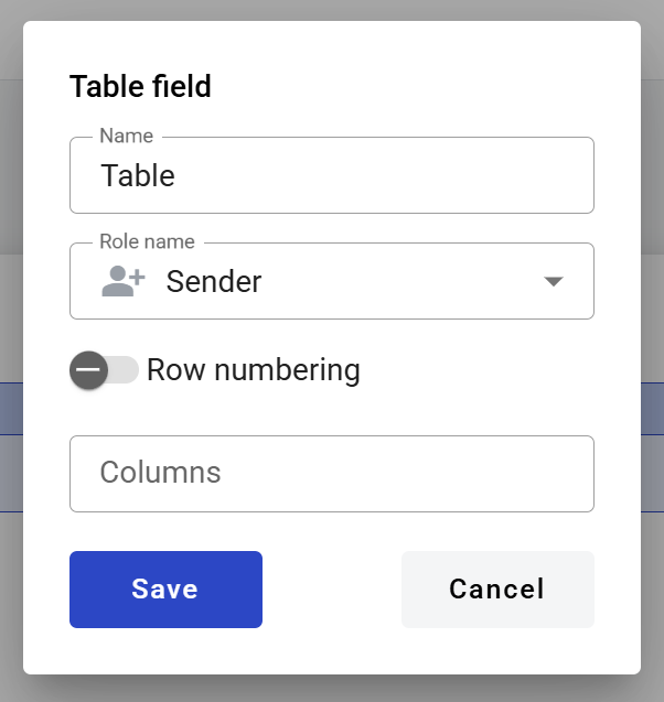 Table field creation form