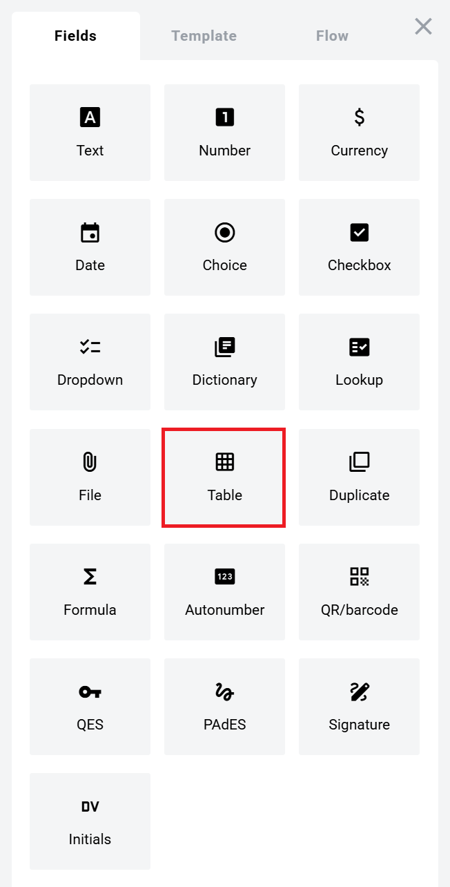 Table field in the Fields panel